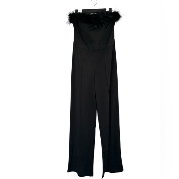 Fashion Nova Black Strapless Jumpsuit L Feather Trim Glam Sexy Girls night A164 - Picture 6 of 11